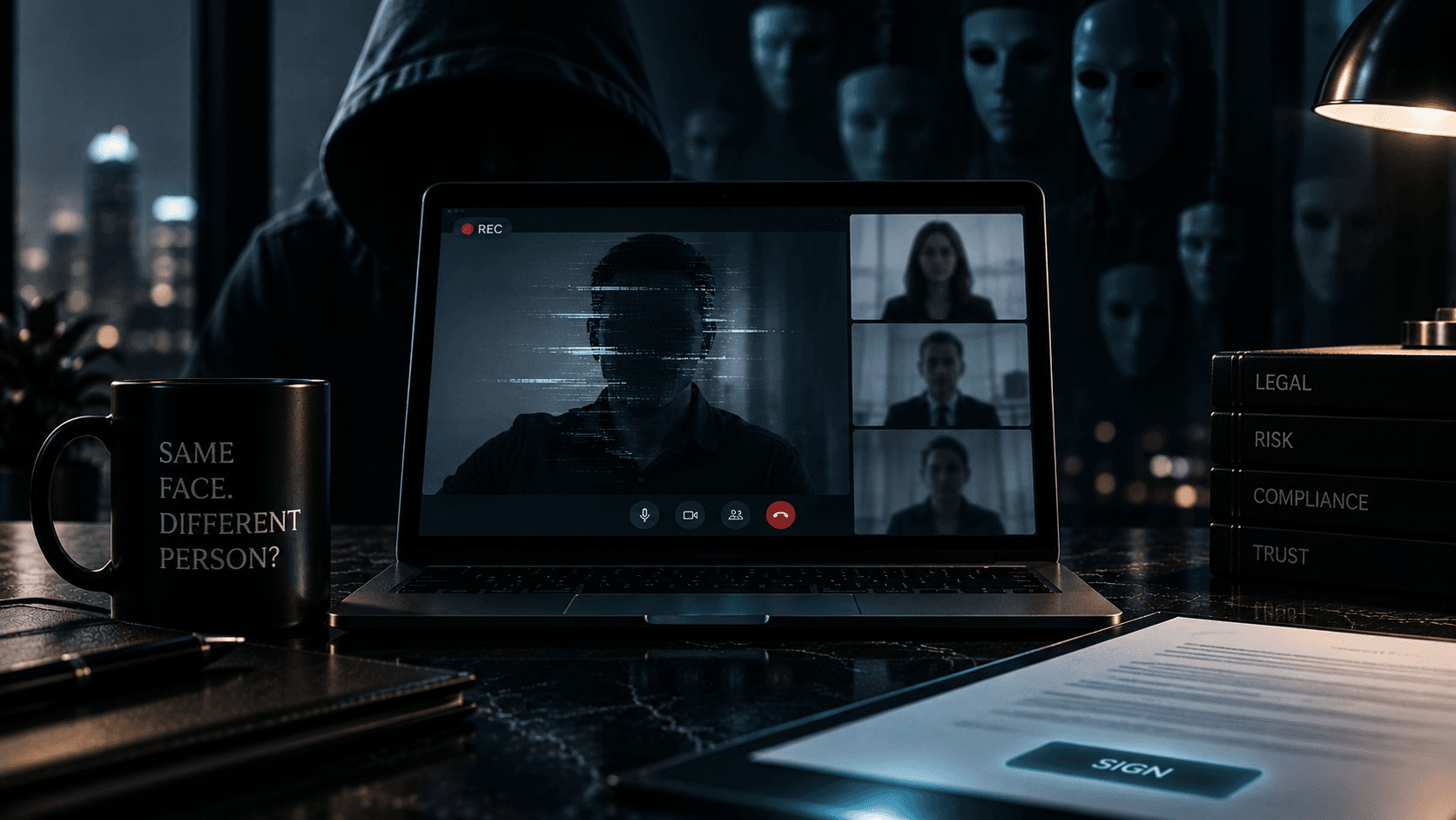 A laptop showing a remote video session with a distorted participant, shadowed figures, and a document ready for signing.