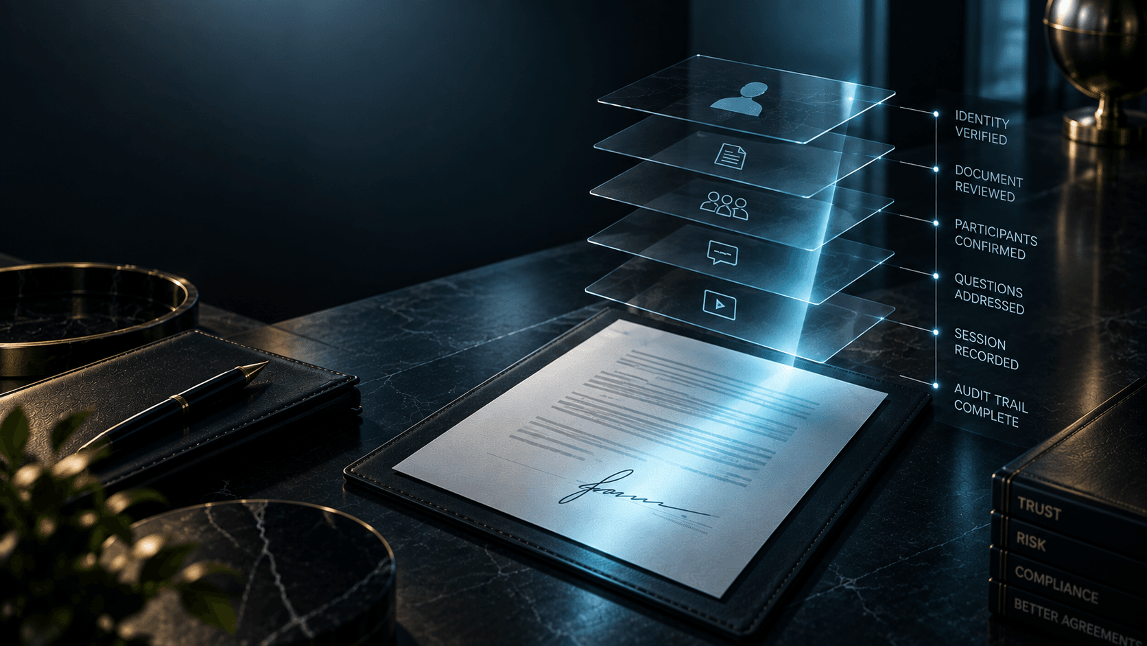 A signed agreement supported by identity verification, document review, participant confirmation, a recorded session, and a complete audit trail.
