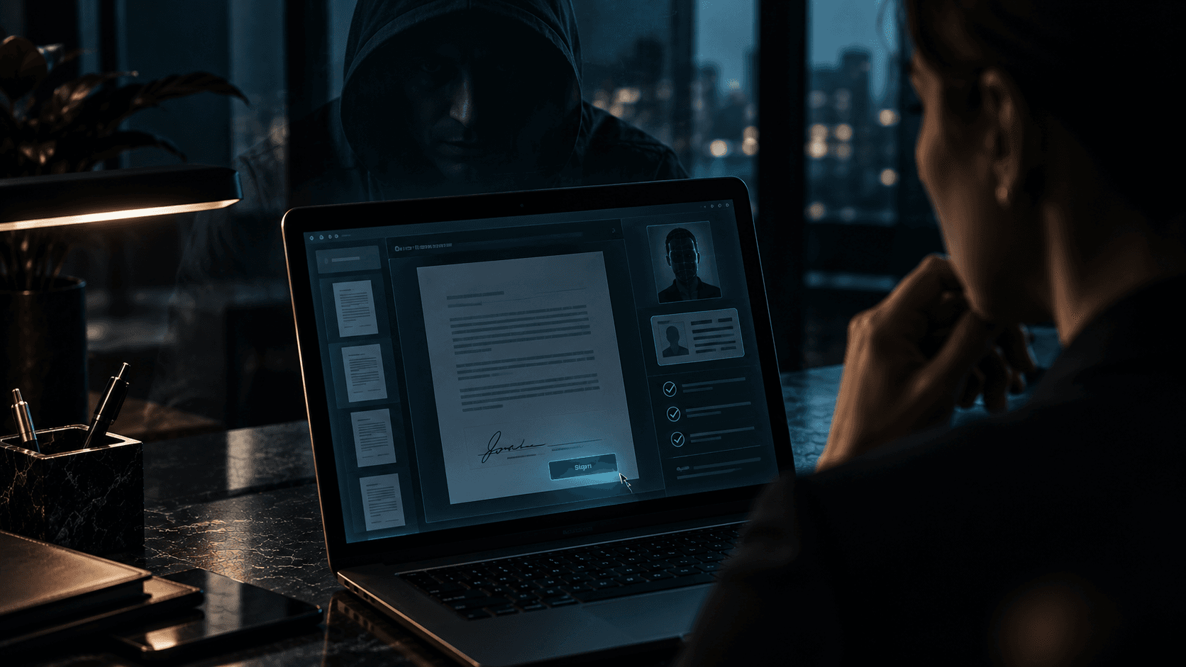 A person reviewing a digital agreement and identity checks on a laptop, with a shadowed figure illustrating impersonation risk.