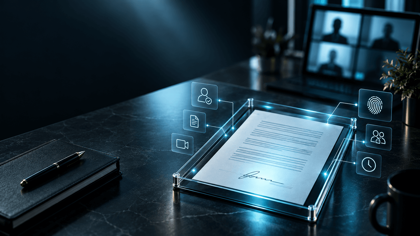A signed agreement connected to identity, document, video, participant, and timestamp evidence during a remote meeting.